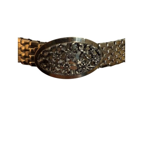 Retro Mermaid Scale Stretch Belt Size L to XL Silver Floral Buckle VTG 80s Cinch - Picture 12 of 13